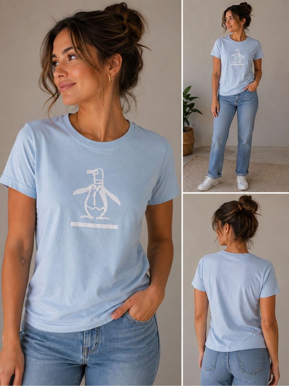 Original Penguin Women’s Graphic Logo T Shirt Light Blue Cotton Size M